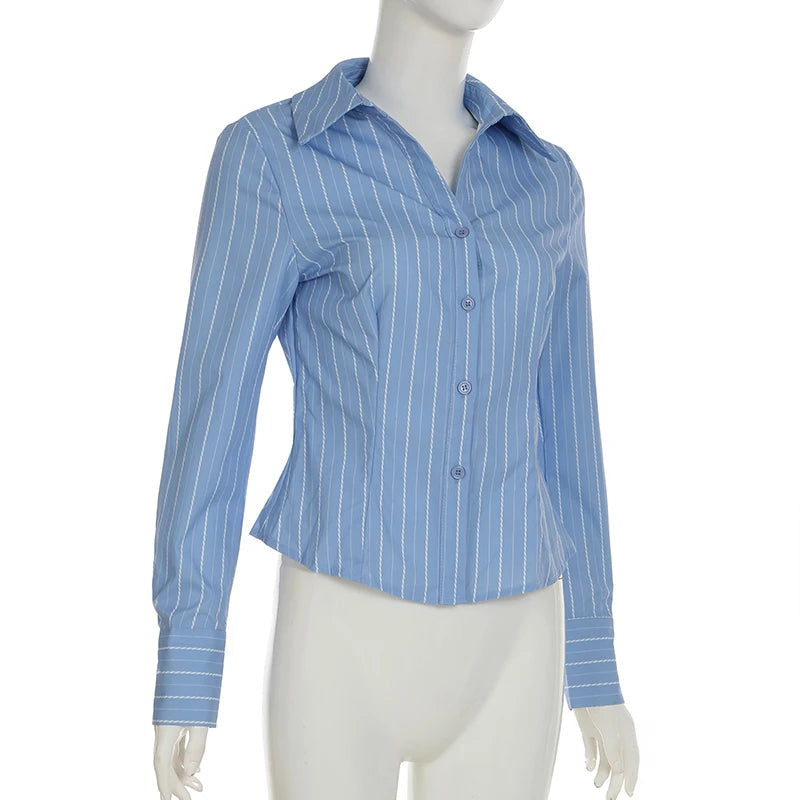 Aiertu  Office Ladies Casual Striped Blouse Elegant Basic Turn-Down Collar Long Sleeve Shirts Women Spring Autumn Streetwear Aiertu