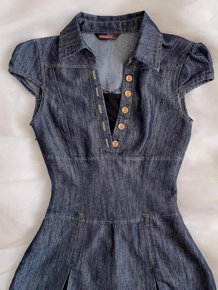 Aiertu  -  Spicy Girl Retro Denim Dress 2025 Summer Y2k Short Sleeve Button Streetwear Fashion Slim Fit Short Dresses Women's Mini Skirt Aiertu