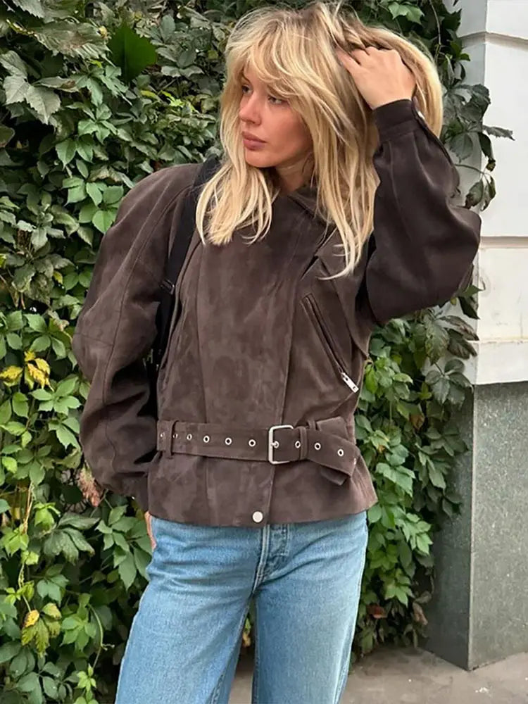 Aiertu  -  Lace Up Suede Waist Cinched Jacket Coat With Belt Leather Jackets Zipper Silhouette Lapel Slimming Short Outwear Women Overcoat Aiertu