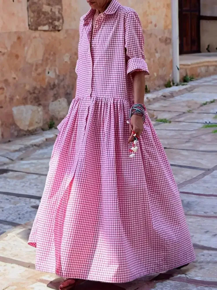 Aiertu  -  Women Spring Autumn New Casual Fashion Plaid Pleated Lapel Shirts Dress Long Sleeve Loose Going Out Vacation Maxi Dresses Aiertu
