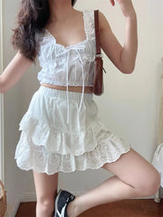 Aiertu  -  Summer Korean fashion mini skirts kawaii vintage clothes cute white lace skirts for woman high waist ruffle skirts embroideryed Aiertu