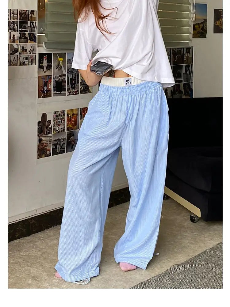 Aiertu  -  Blue Stripe Pants Women Y2k Fake Two Piece Wide Leg Sweatpants Baggy Kpop Sport Trousers Hip Hop Harajuku Summer Bottoms Aiertu