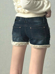 Aiertu Casual Sweet Fur Trim Denim Shorts Korean Style Cute Basic Slim Low-Waisted Shorts Women Winter Fashion Streetwear Aiertu