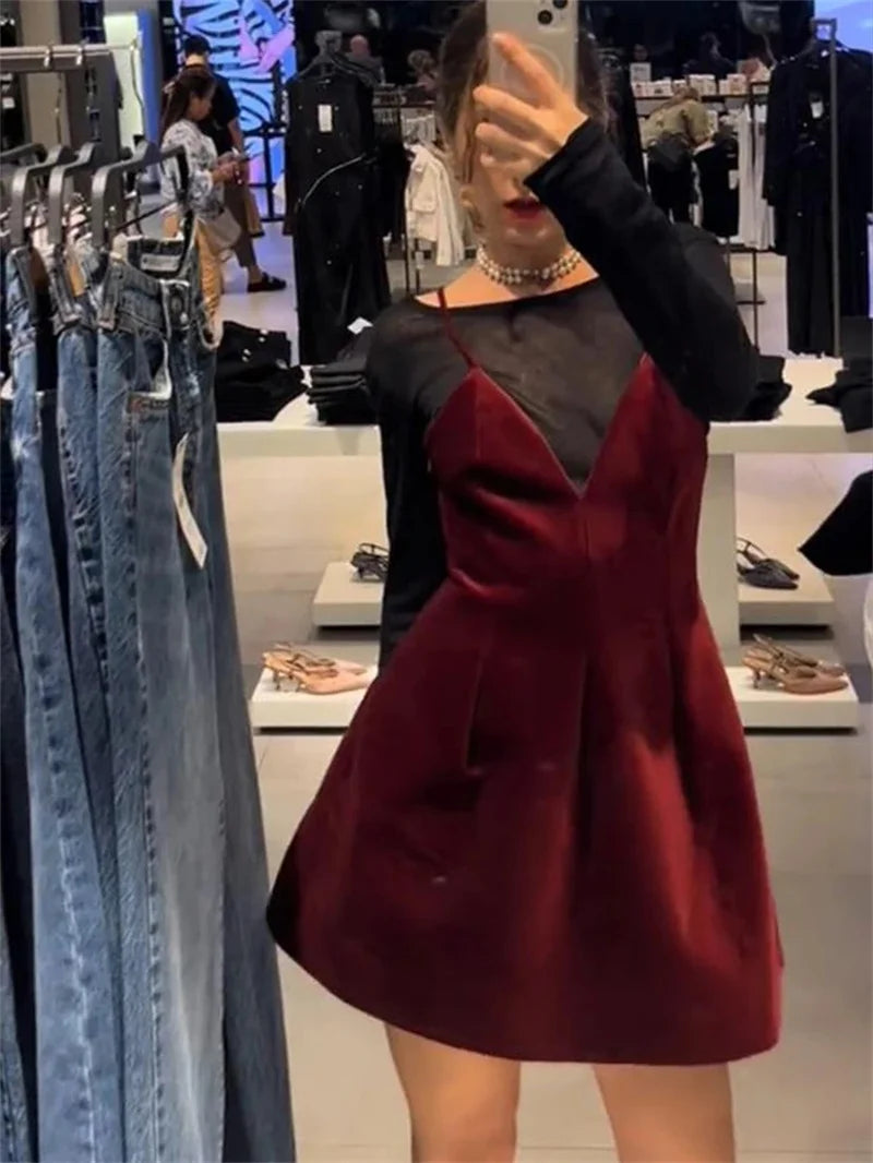 Aiertu  -  Sexy Wine Red Velvet Sling Mini Dress for Women V-Neck Backless Slim A-line Dresses Merry Christmas Party Vestidos Aiertu