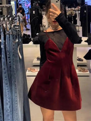 Aiertu  -  Sexy Wine Red Velvet Sling Mini Dress for Women V-Neck Backless Slim A-line Dresses Merry Christmas Party Vestidos Aiertu