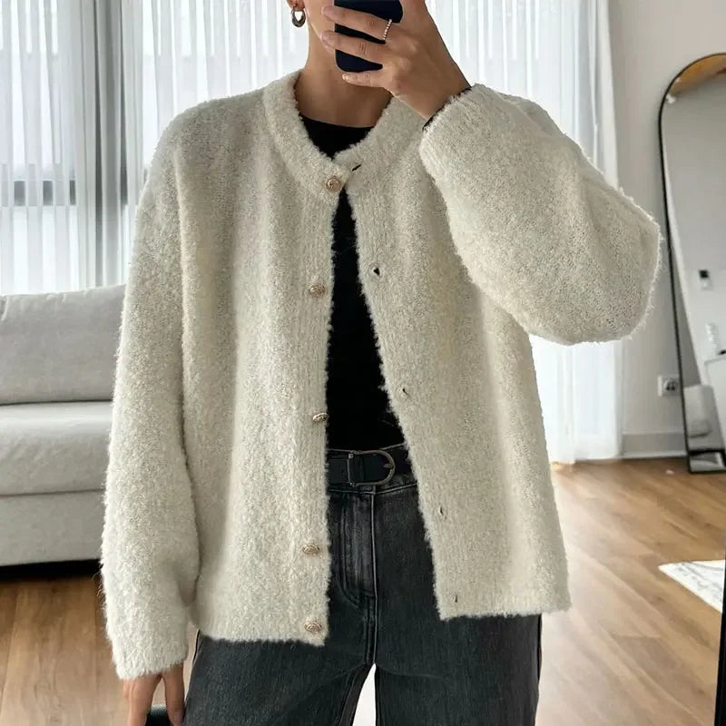Aiertu  -  Casual Knit Single Breasted Cardigans Women O-neck Long Sleeve Fluffy Short Sweaters Cardigan 2026 Autumn New Lady Elegant Tops Aiertu