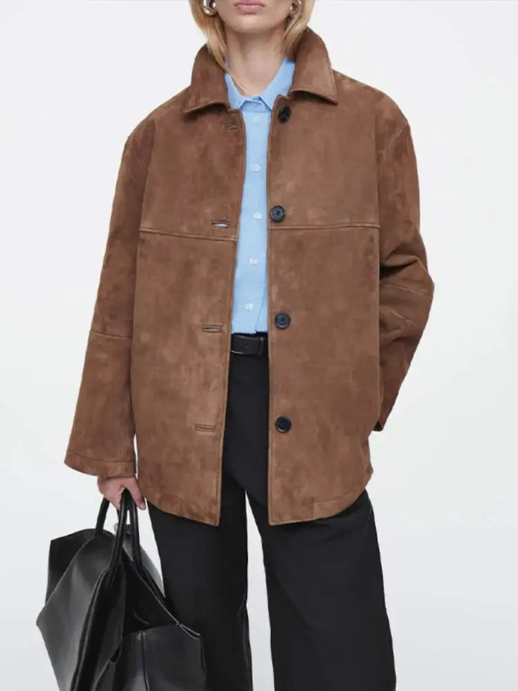 Aiertu  -  Fashon Brown Single Breasted Suede Jackets Women Fashion Lapel With Pockets Long Sleeve Coats 2026 Chic Lady Casual Outerwear Aiertu