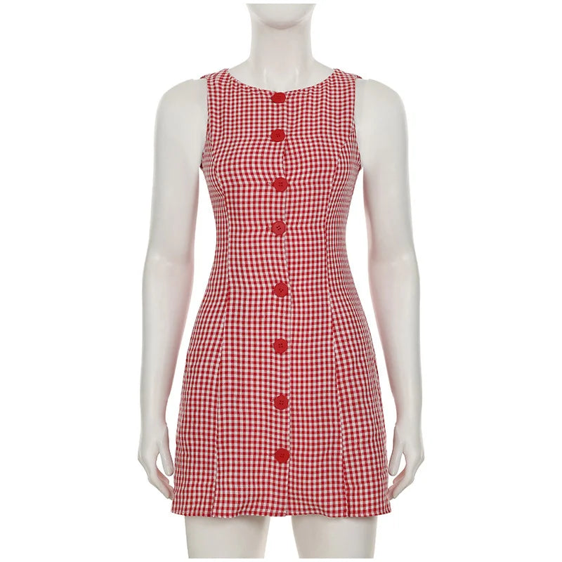 Aiertu  -  Round Neck Sleeveless Plaid Dress Woman Single Breasted Patchwork A-Line Short Dresses Casual Slim Women's Versatile Mini Dress Aiertu