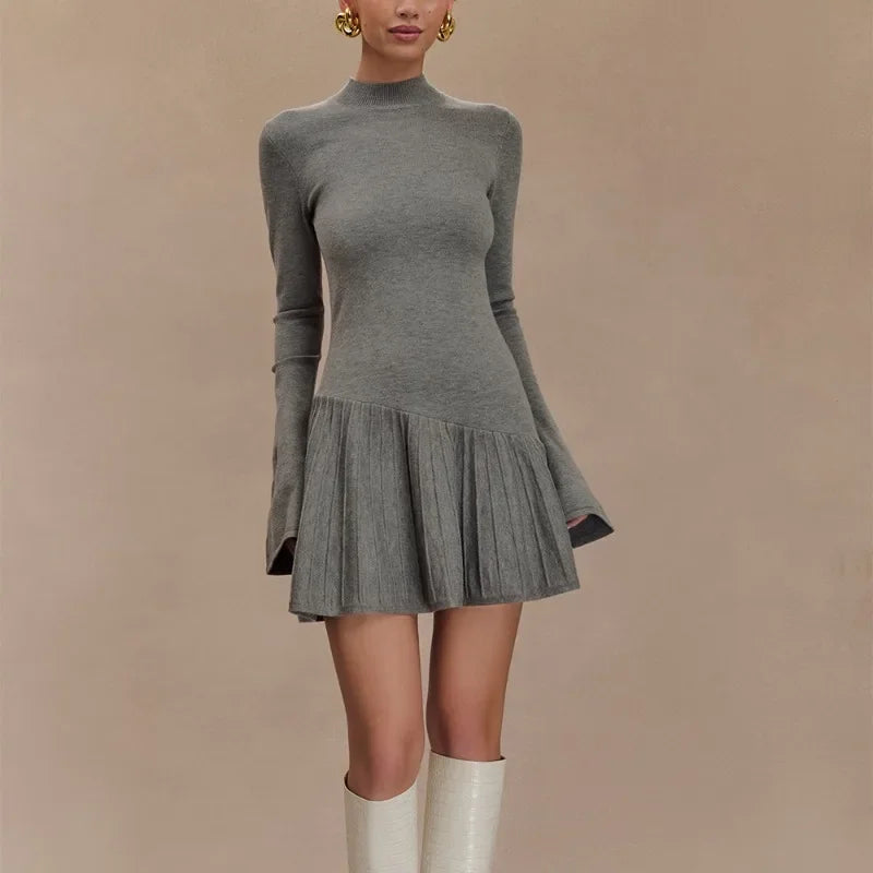 Aiertu  -   High Waist Knit Mini Dress Women's Autumn Solid Turtleneck Long Sleeve Slim Dress Streetwear A-Line Pleated Y2k  Dress Aiertu