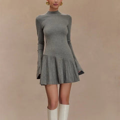 Aiertu  -   High Waist Knit Mini Dress Women's Autumn Solid Turtleneck Long Sleeve Slim Dress Streetwear A-Line Pleated Y2k  Dress Aiertu