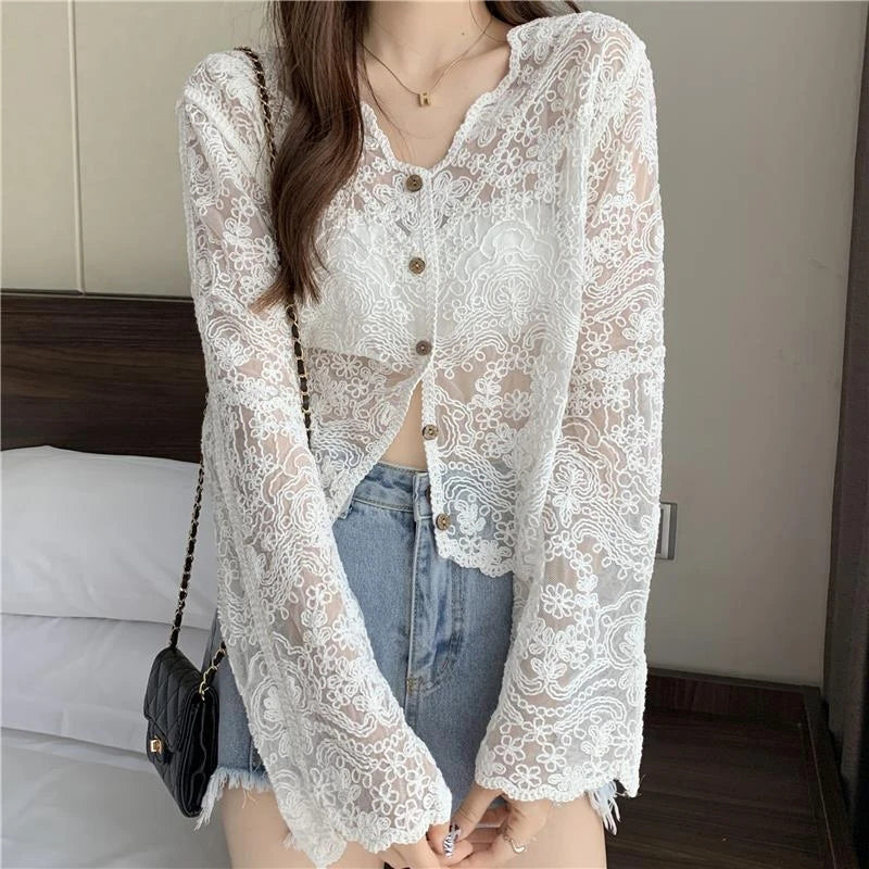 Aiertu Vintage Lace Blouse Women Sheer Long Sleeve Sunscreen Shirt Cardigan Vacation Korean Elegant Casual Sun Protection Top Aiertu