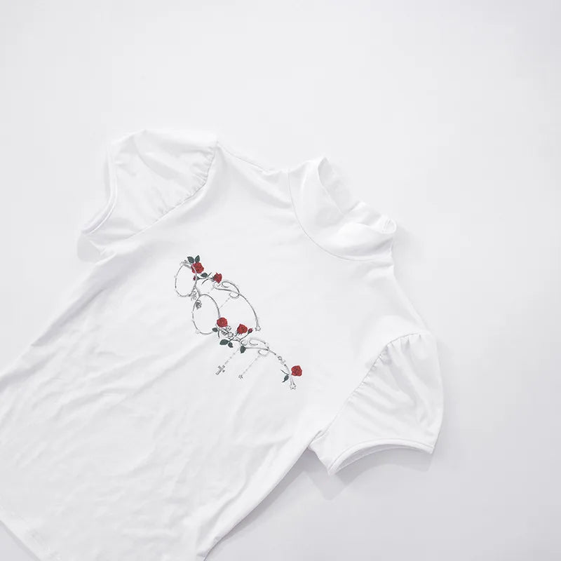 Aiertu  Streetwear Summer Half High Collar Women's Tops Vintage Flower Printing Harajuku T-shirts Y2k Aesthetic Puff Sleeve Grunge Tees Aiertu