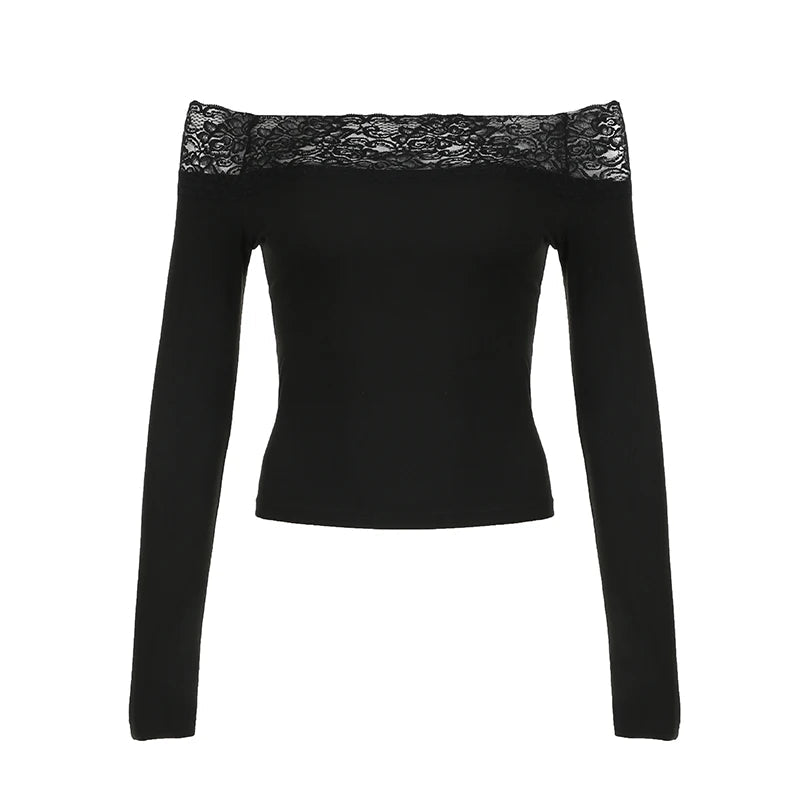 Aiertu 2025 spring fashion trend Lace Patchwork Solid Slim Tee Shirts Long Sleeves V-neck Aesthetic Fashion Clothes Vintage Streetwear Black Tops Aiertu