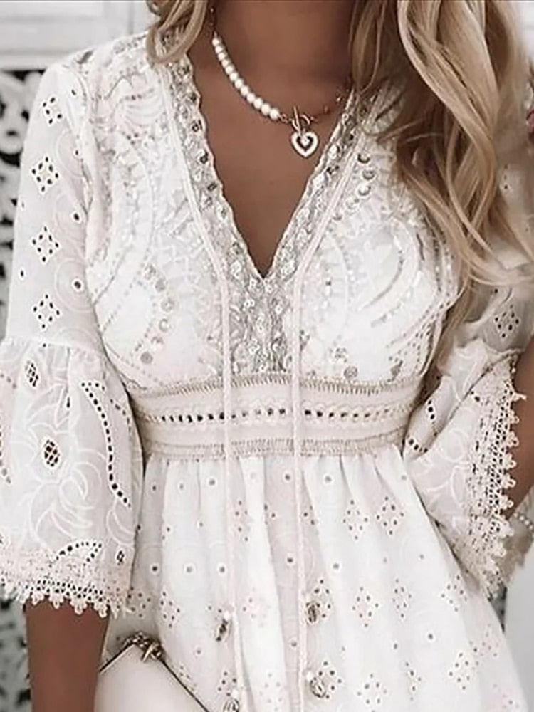 Aiertu  - Elegant Lace Mini Dress Women Three Quarter Sleeve Dress Female V Neck Patchwork Lace Up Dress Ladies Vacation Beach Dress Aiertu