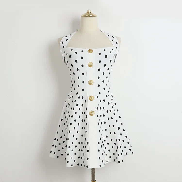 Aiertu  -  Polka Dots Knitted Halter Mini Dress Women Single Breasted Sleeveless A-line Party Vestidos Vintage Fashion Elegant Dresses New Aiertu