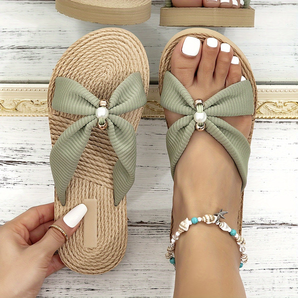 Aiertu Chic Summer Slides for Women - Faux Pearl Embellished Crisscross Strap, Open-Toe, Flat Heel, Comfortable, Breathable, Casual Beach Shoes for Outdoor Activities Aiertu