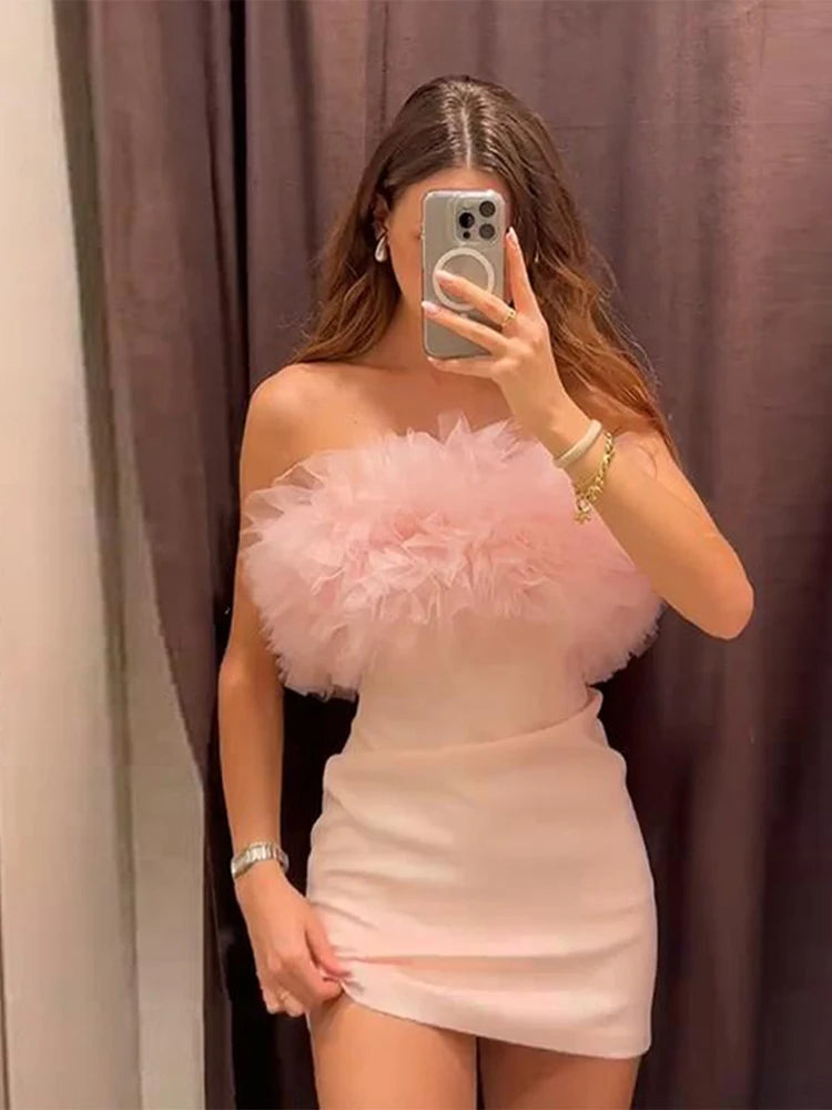 Aiertu  -  Strapless Silk Mesh Fluffy Dress 3D Floral Gauze Socialite Evening Gown Off Shoulder Slim Fit  Sexy Backless Women Short Dresses Aiertu