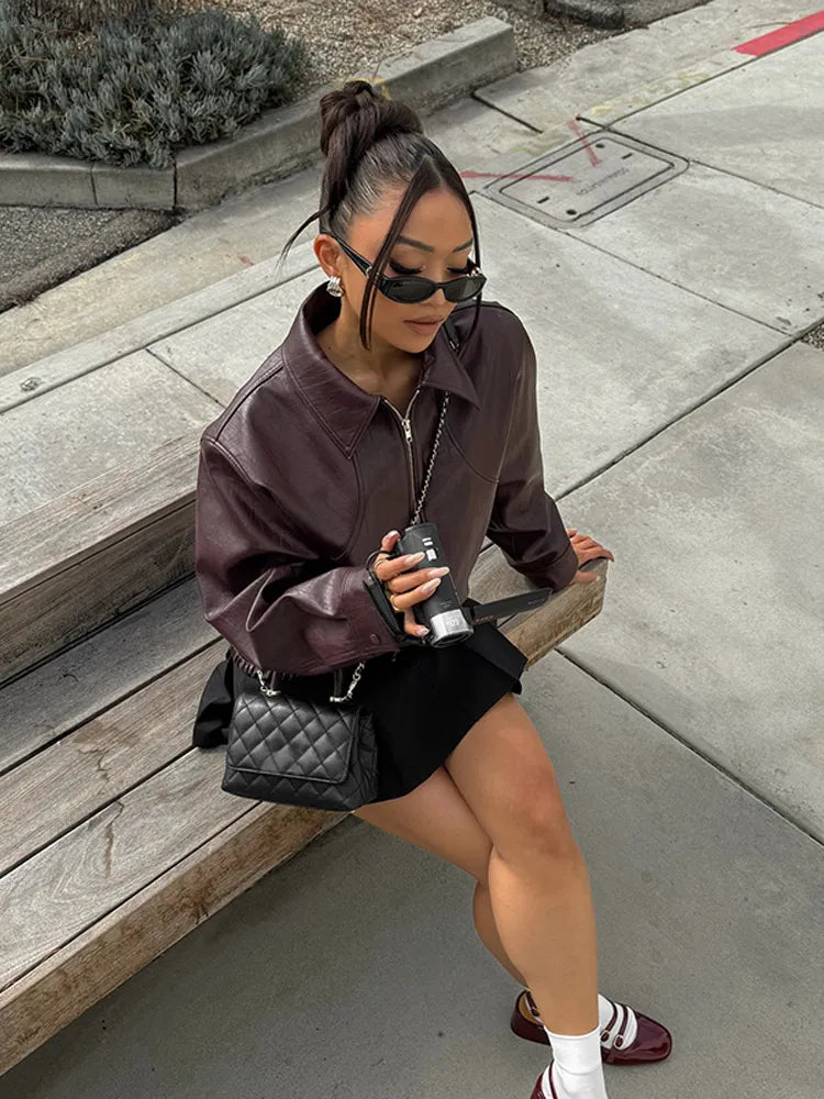 Aiertu  -  Chic Faux-leather Bomber Jacket Warm Lapel Long Sleeves Zipper Crop Coats 2026 Autumn Fashion Lady Commuting Street Overcoat Aiertu