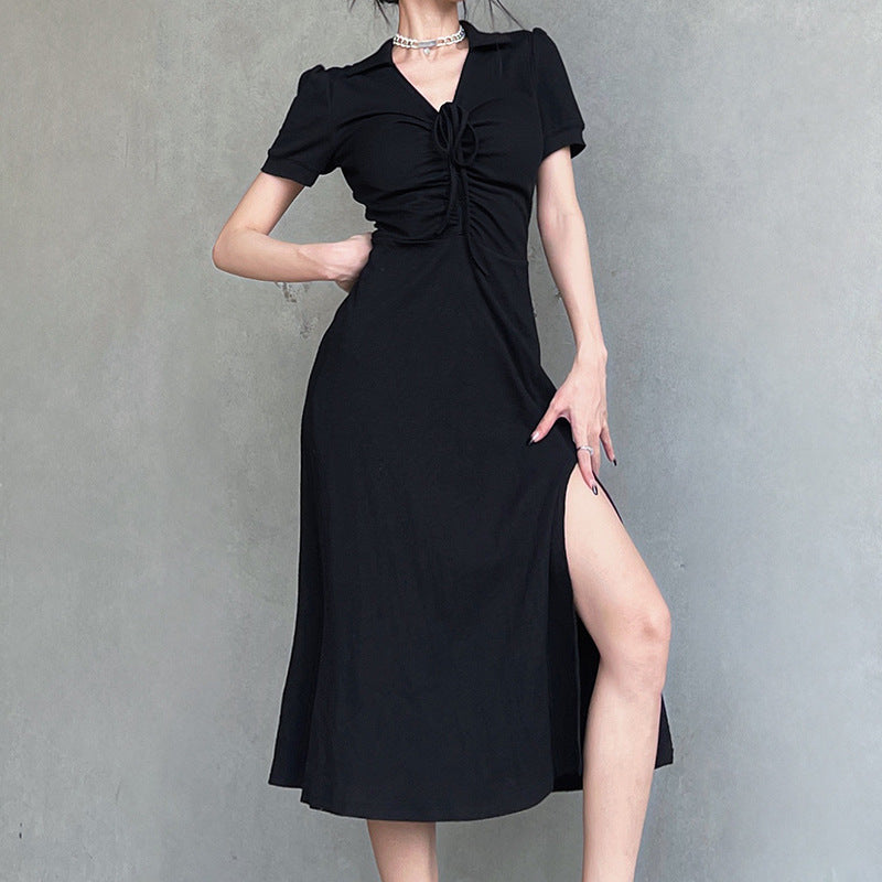 Aiertu - Lace Up Slit Knitted Black Maxi Dress Aiertu