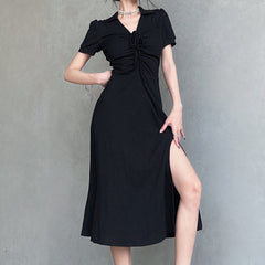 Aiertu - Lace Up Slit Knitted Black Maxi Dress Aiertu