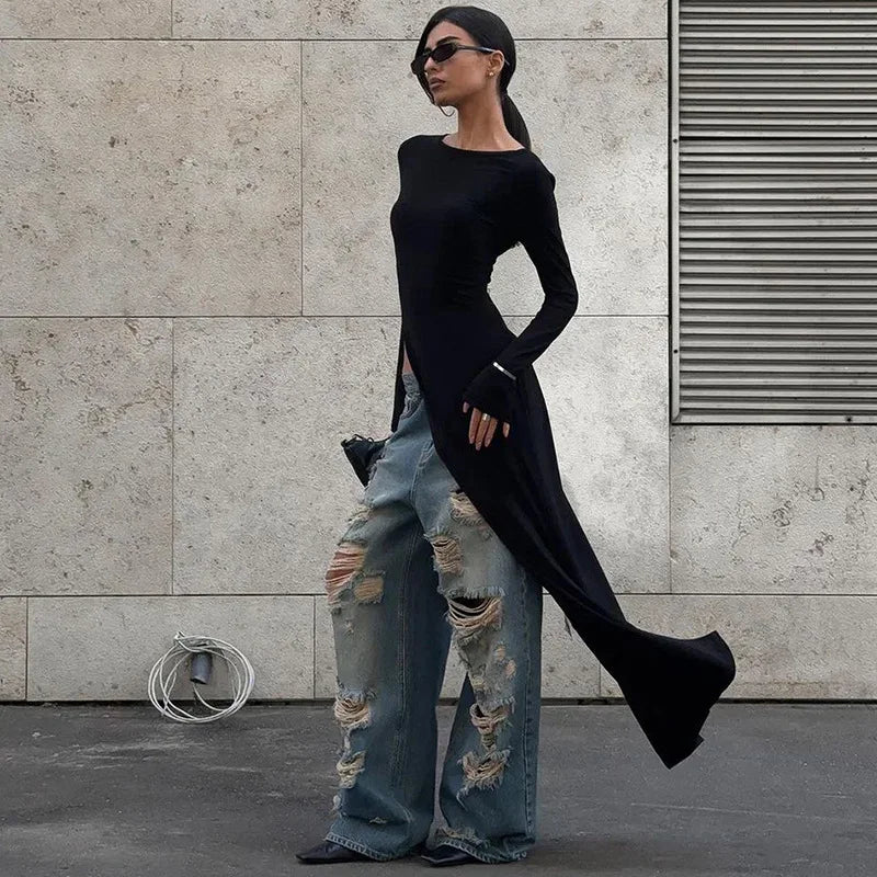 Aiertu  -   Asymmetrical Long Sleeve Black Dress Fashion Outfits Round Neck Chic Top Club Party High Rise Split Dresses Fall Aiertu