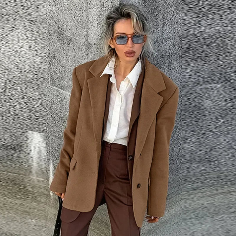 Aiertu  -  Vintage Woolen Lapel Blazer Coats Women Loose Single Breasted Fake Pockets Jacket 2026 Autumn New Female Commute Tops Streetwear Aiertu