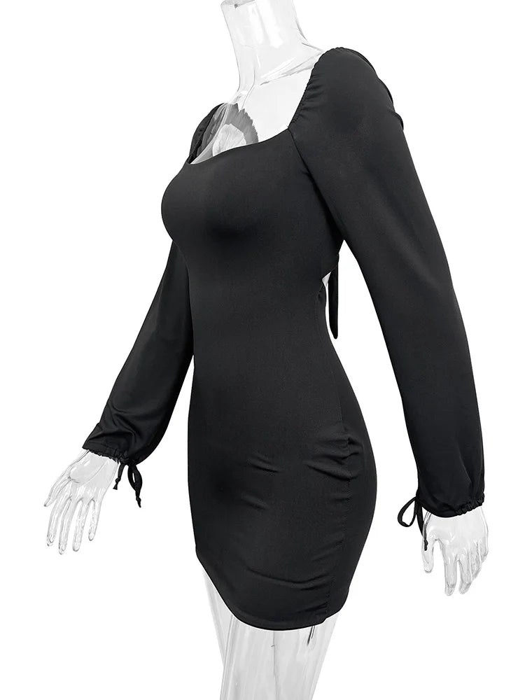 PICSGIRL - party look snspos Bodycon Dress for Women Fashion Vintage Sexy Dresses Solid Slim Long Sleeve Backless Lace Up Mini 2024 New Autumn Winter Dresses Aiertu
