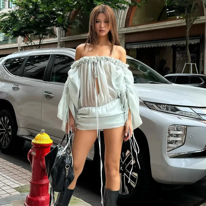 Aiertu  -  Elegant Flare Sleeve Off-Shoulder Mini Dresses for Women Ruffles Lace Up Backless Dress Lady High Street Y2K Party Club Vestidos Aiertu