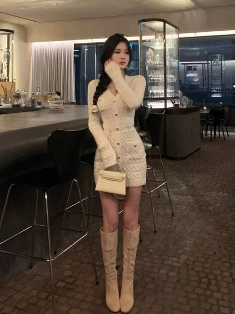 Aiertu DRESS TO IMPRESS French Elegant Slim Knitted Dress Short Party One Piece Dress Korean Fashion Winter Sexy Bodycon Y2k Mini Dress Woman Chic Aiertu