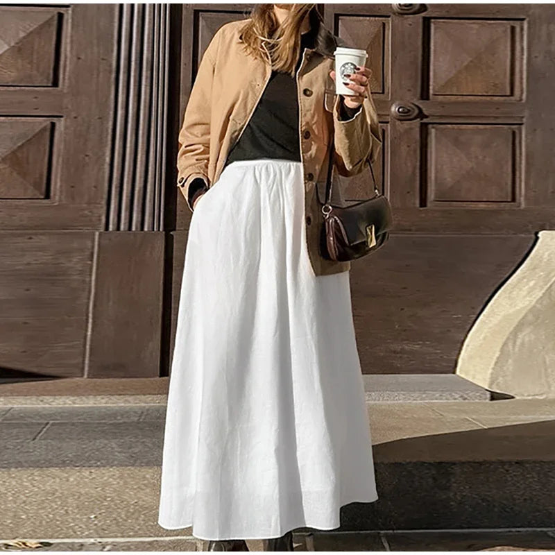 Aiertu  -  Solid Cotton Linen Elastic High Waist Maxi Skirt Elegant Ankle-length Pleated A-line Skirts Fashion Mid-calf Length Skirts Aiertu