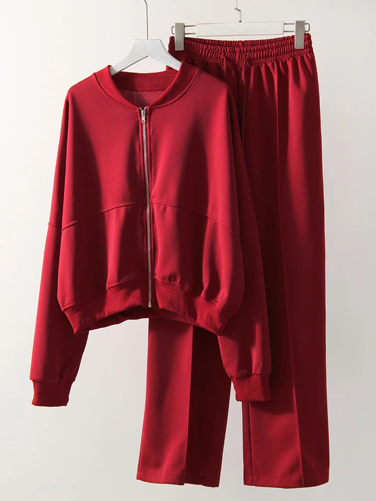 Aiertu  -  Sweatsuits Pant Sets For Women 2 Pieces Outfit Oversize Zipper Sweatshirts Set Women Jogger Straight Sweatpants Red Tracksuit Aiertu