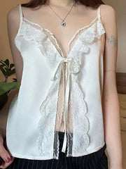 Aiertu  -Lace Trim Tie V-Neck Tank Top aiertu