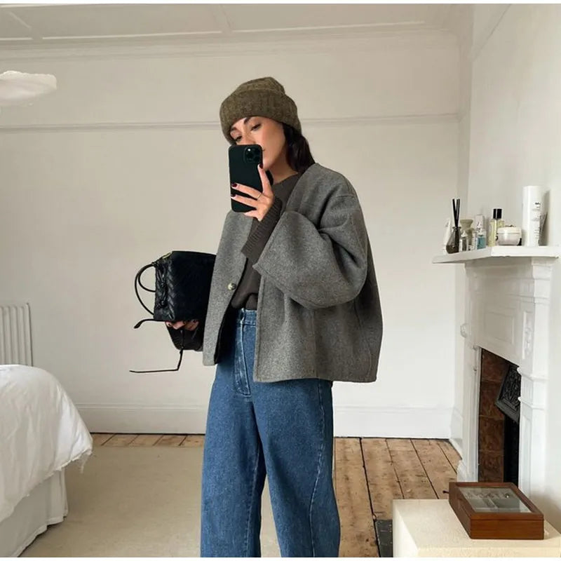 Aiertu  -  Casual Single Button Woolen Coat Women 2026 Long Sleeve Loose Short Autumn Winter Coat Female Elegant Grey Chic V-neck Coats Aiertu