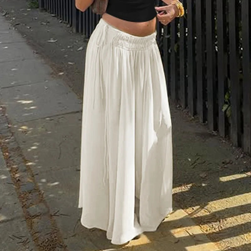 Aiertu  -  Summer Drawstring High Waist Long Skirt For Women Pleated Casual Patchwork Lace-Up See-Through Female Chiffon Maxi Skirt Aiertu