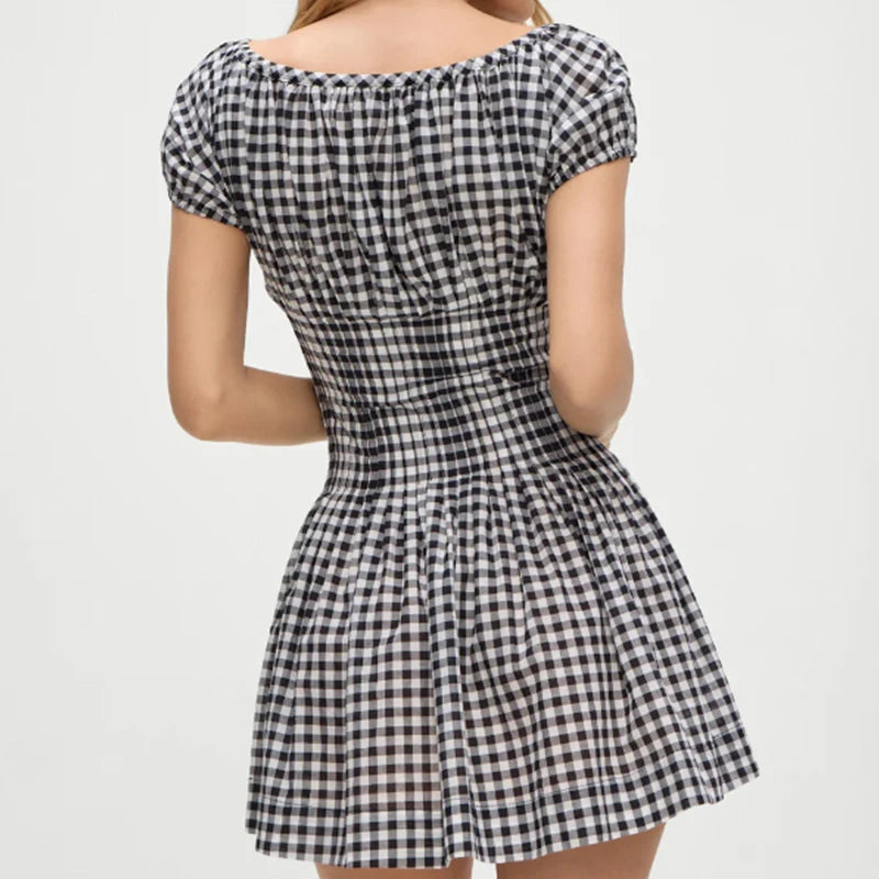 Aiertu  -  Vintage  Women Black White Plaid Dresses Short Sleeve O Neck Slim Waist A-line Mini Casual Summer Dress Aiertu
