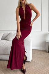 Aiertu  -Sexy Solid Color Backless Ruched Halter Evening Dresses aiertu