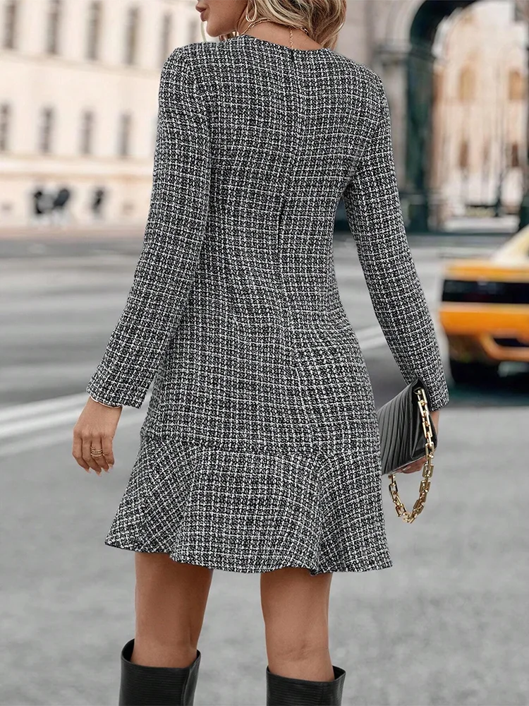 Aiertu  -  Stripe Knit Elegant Mini Dress Female High Waist Patchwork Ruffle Short Dresses Women's Commuting Vintage Knitwear Dress Aiertu