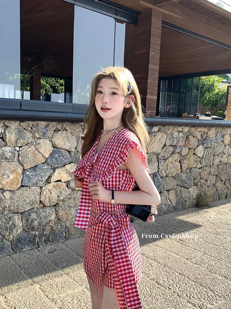 Aiertu  -  Sweet Hot Girl Suit Women's Summer Turn-down Collar Plaid Bow Top High Waist Skirt Shorts Two-piece Set Fashion Female Clothes Aiertu