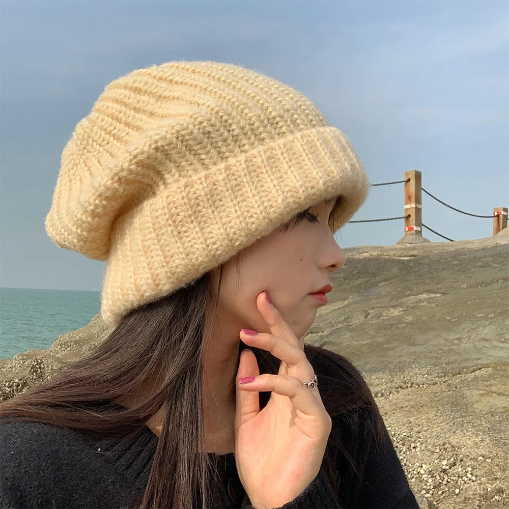 Aiertu  -  Winter Knitted Hat Women Korean Fashion Solid Outdoor Warm Beanies All-match Casual Elastic Comfortable Cap Aiertu