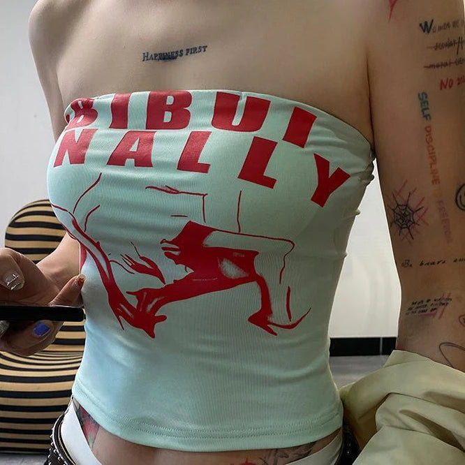 Aiertu  -  Sexy Streetwear Light Blue Vintage Letter Printing Tank Women Y2k Aesthetic Boob Tube Top Tanks Summer Grunge Crop Camisoles Aiertu