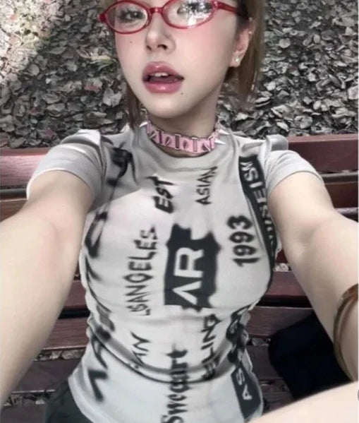 Aiertu  Fashion Harajuku Y2k Aesthetic V Neck Sleeveless Camisoles Punk Style Office Lady American Vintage Print Shirt Print Tank Tops Aiertu