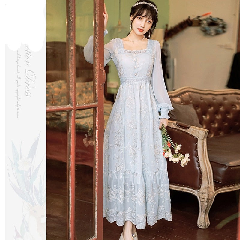 Aiertu Sweet Soft Girl A Line Dress Summer Lace Embroidery Button Decor Party Dresses Casual Street Boho Vestidos Midi Feminino Aiertu
