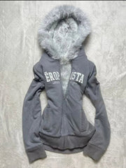 Aiertu  -  Y2K Zipper Gothic Letter Printed Fur Collar Hoodie Slim Fit Comfortable Casual Grey Sportswear Warm Top Women Cardigan Aiertu