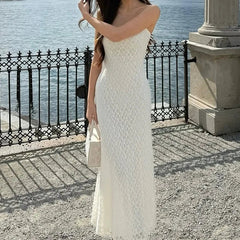 Aiertu  -  French Elegant Mesh Lace Dress Woman White Outfits Summer Spaghetti Strap Backless Fishtail Long Dresses P16-DD40 Aiertu