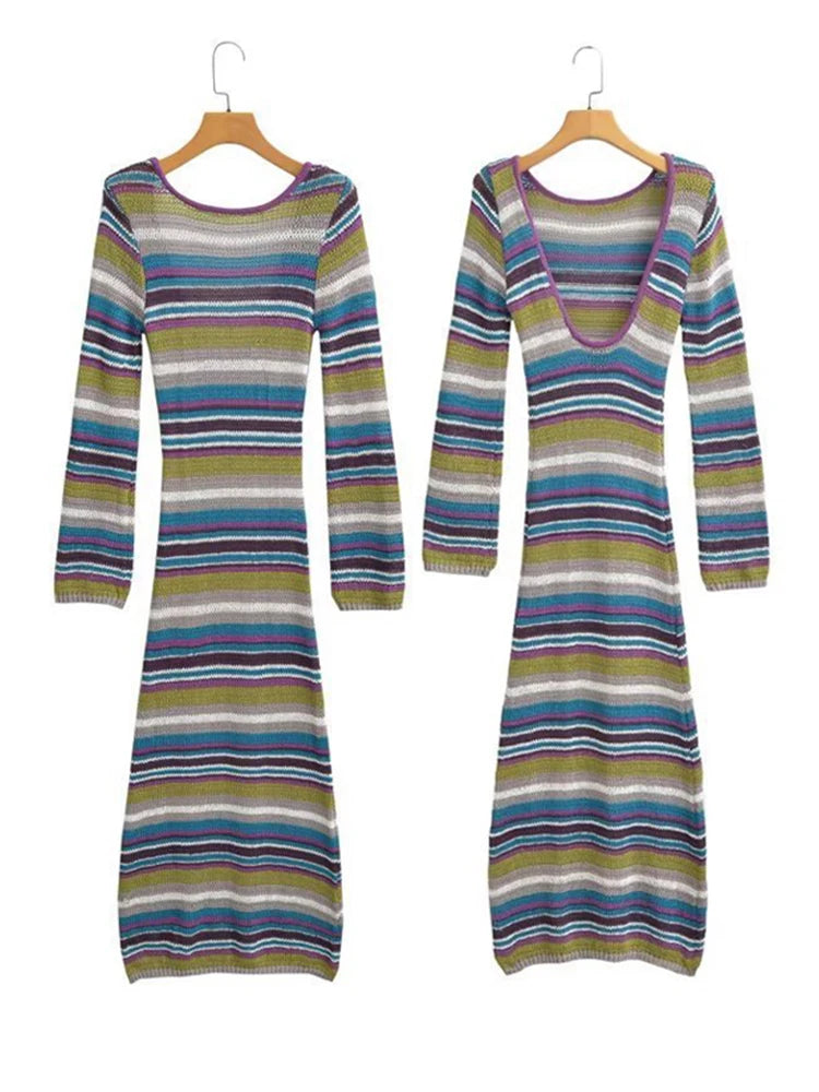 Aiertu  -  Colorful Knitted Women Dresses O Neck Stripe Rainbow Female Dress 2026 Fashion Long Sleeve Backless Casual Elegant Lady Vestidos Aiertu