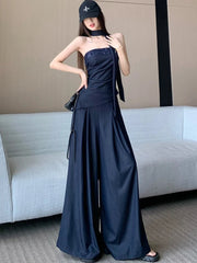 Aiertu  -  Advanced retro Tencel denim suit women's summer fashion sequin strapless top high waist wide leg pants skirt two-piece set Aiertu