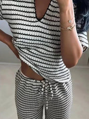 Aiertu  -  Striped Knitted Pullover Pants Sets Women Polo Collar Short Sleeve Tops Straight Trousers Suits Commute Summer 2026 Loose Outfit Aiertu