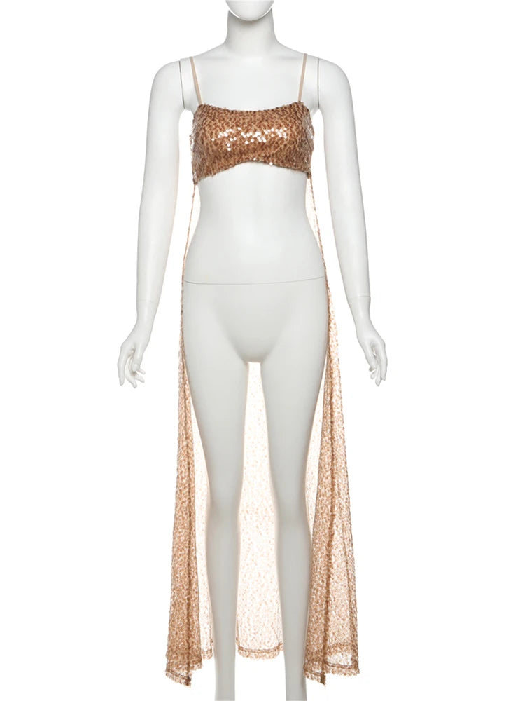 Aiertu  -  Vacation Shiny Sequins Extra-Long Camisole Women 2025 Y2K Summer Trend Backless See Through Hem Wild Fashion Outfits Aiertu