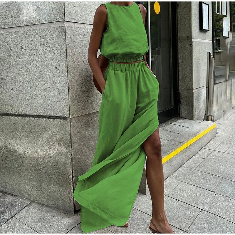 Aiertu  -  Elegant Solid Vest Pants Set Women O-neck Sleeveless Tops High Waist Side Split Trousers 2026 Summer Fashion Lady Office Outfit Aiertu