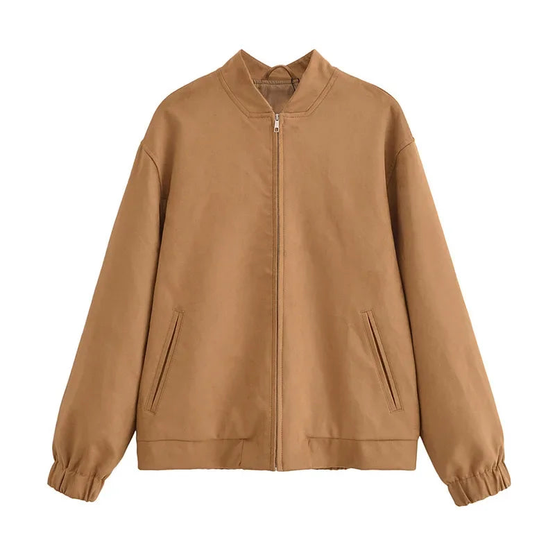 Aiertu  -  Women's Vintage Solid Jacket Loose O Neck Zipper Pocket Long Sleeve Female Coat Autumn Lady Office All-match Outwear New Aiertu